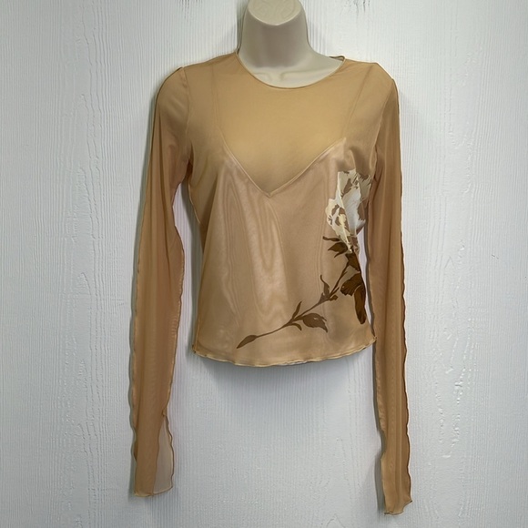 Zara - Floral Mesh Sand Color Long Sleeve With Tank Underneath Blouse Size Small - Picture 2 of 11
